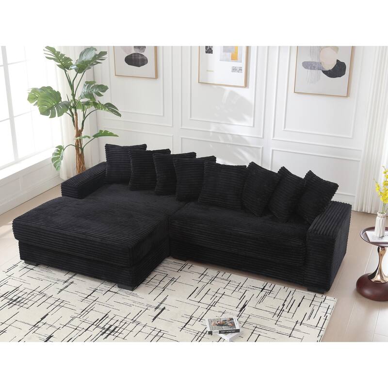 L Shaped Sectional Sleeper Sofa Corduroy Corner Sofa with Chaise Lounge and 8 Throw Pillows, Oversized Modular Daybed