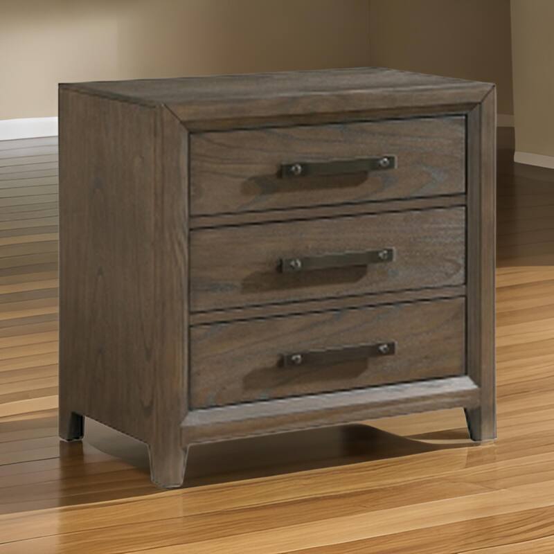 Wyn 27 Inch Nightstand, 3 Drawers, Nickel Handles, Brushed Walnut Brown