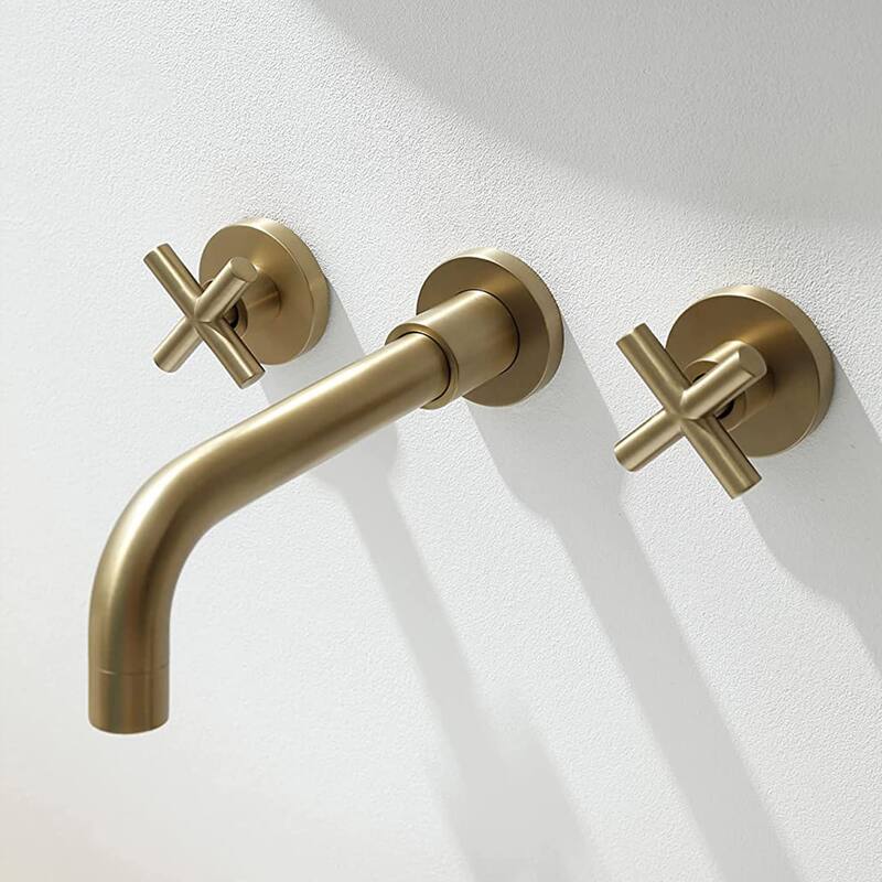 Wall Mounted Bathroom Sink Faucet Double Handle Bathroom Faucet 3 Holes Modern Lavatory Basin Vanity Tap With Valve, NO DRAIN