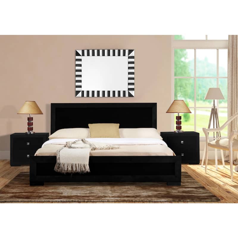 Queen Platform Bed Wood - Elegant Black Design, No Box Spring, Slat Support Bed Frame - HomeStock