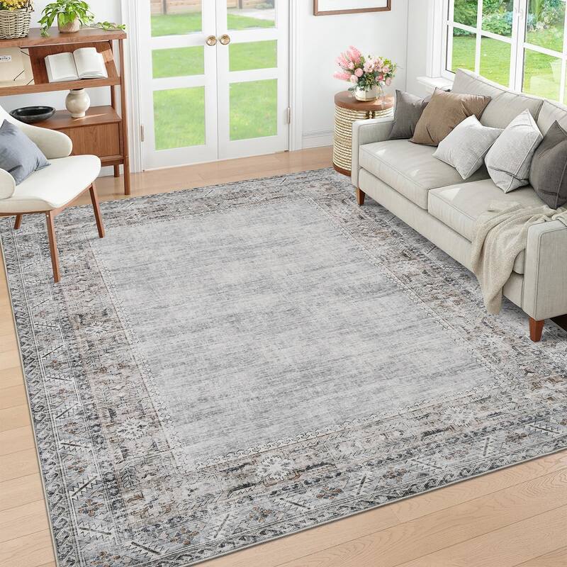 Vintage Bordered Area Rug Washable Area Rug Non-Slip Low Pile Throw Carpet for Living Room Bedroom Dining Room - 5'x7' - Gray Green