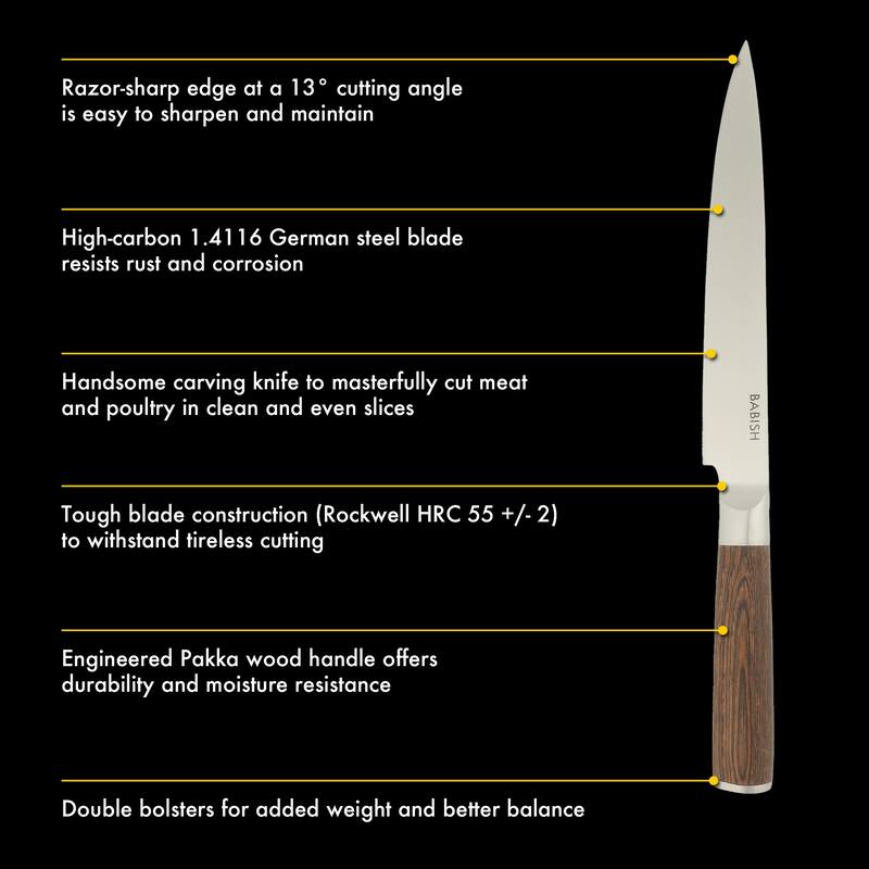 Babish High Carbon 1.4116 German Steel Full Tang 8-Inch Carving Knife - for Carving Meat, Turkey, Roast & BBQ