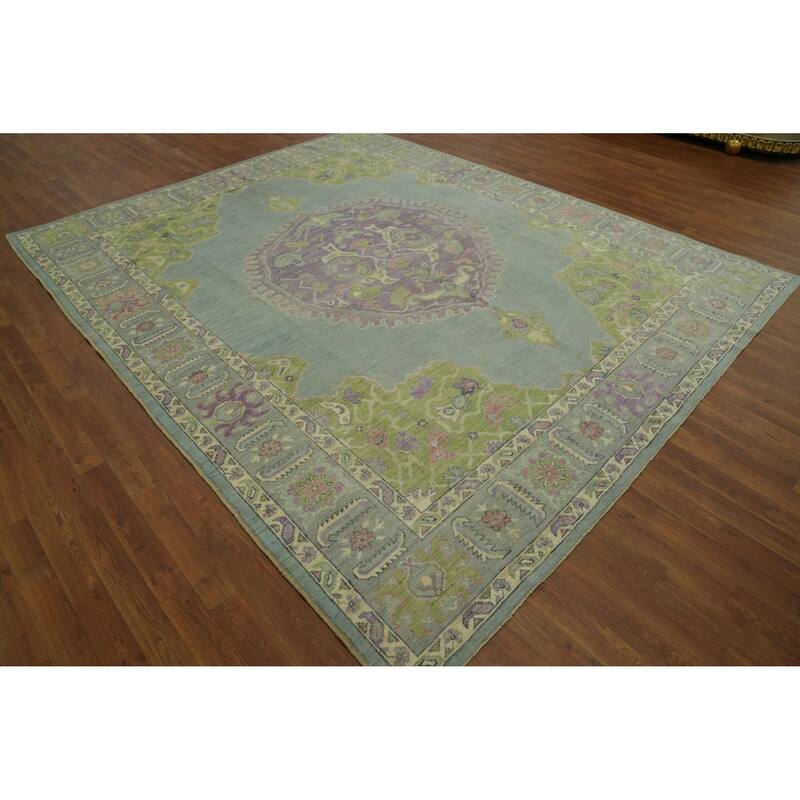 Vegetable Dye Oushak Turkish Area Rug, Medallion Geometric Carpet - 9' 10'' X 8' 2''