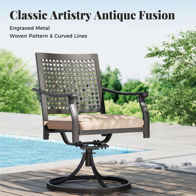 MAISON ARTS 7-Piece Patio Dining Set , Large Round Dining Table with Umbrella Hole & Metal Swivel Dining Chairs
