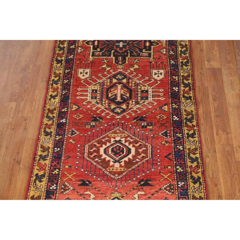 Hand Knotted Oriental 100% Wool Carpet Traditional Geometric Oranges & Rust Heriz Runner Rug - 10' 4'' X 2' 7''