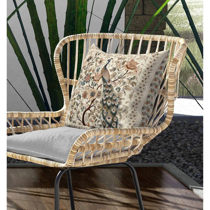 Peacock Kalamkari Indoor/Outdoor Reversible Throw Pillow Beige and Green