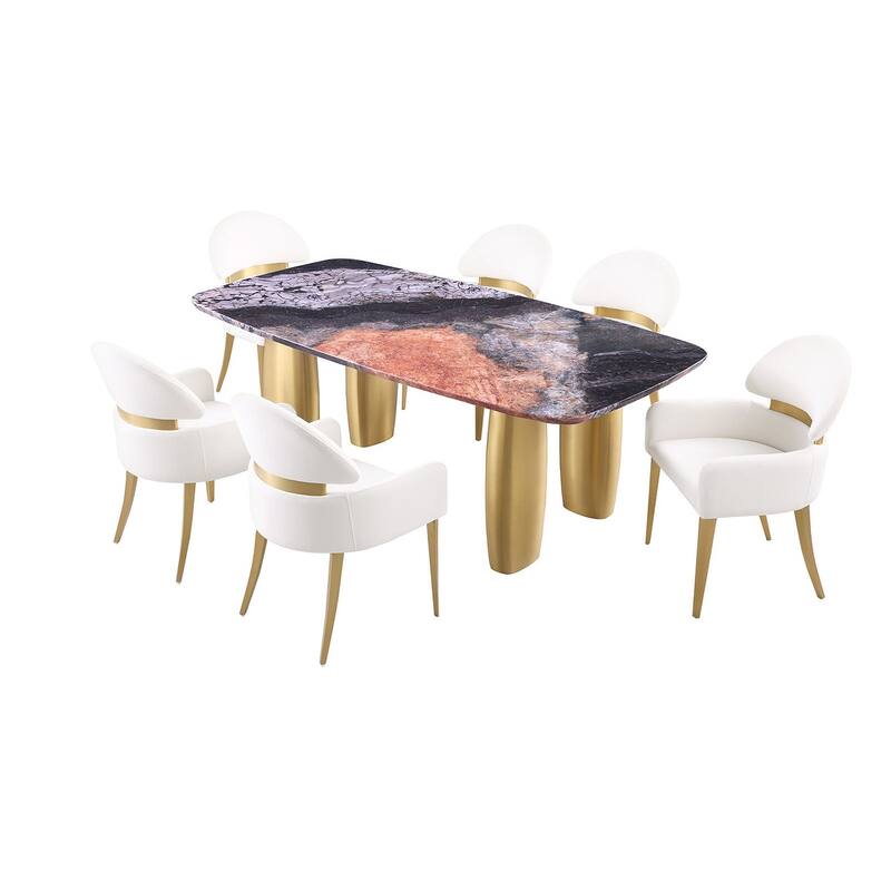 Contemporary 7PC Dining Set Gold Finish Table and Side Chairs - White