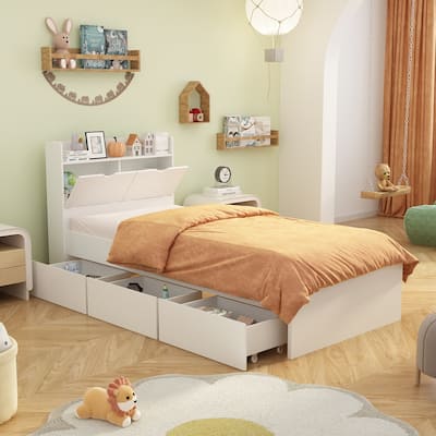 Twin Bed Frame Wood Platform Bed with Storage Drawers and Headboard