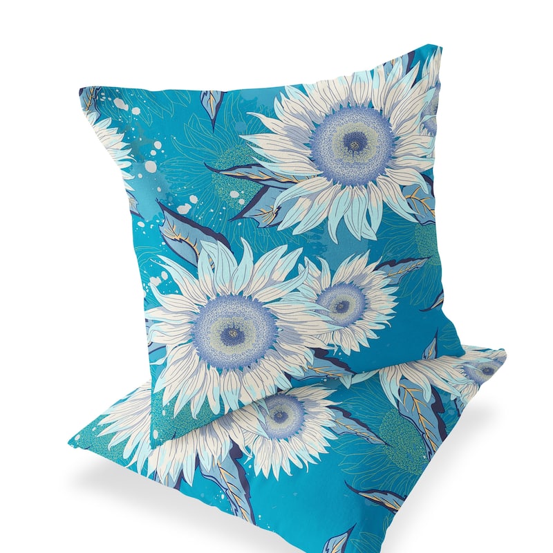 HomeRoots Set of Two 16" X 16" Blue and White Blown Seam Floral Indoor Outdoor Throw Pillow - 16.00' X '16.00' X '5.00