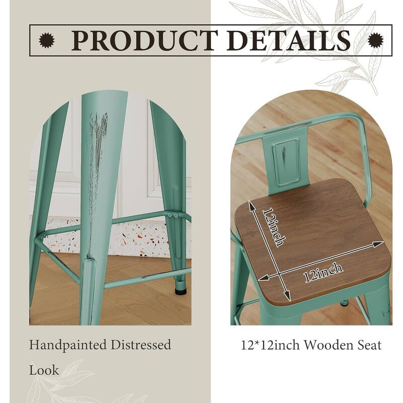 Industrial Style Counter Stools with Metal Frame 24" Kitchen Counter Height Stools with Low Back and Wooden Seat