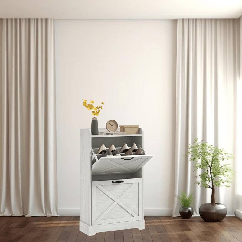 Entryway Hidden Shoe Storage Cabinet with Adjustable Shelves, Rustic Design, and Anti-Tip Feature, for Porch and Hallway - White