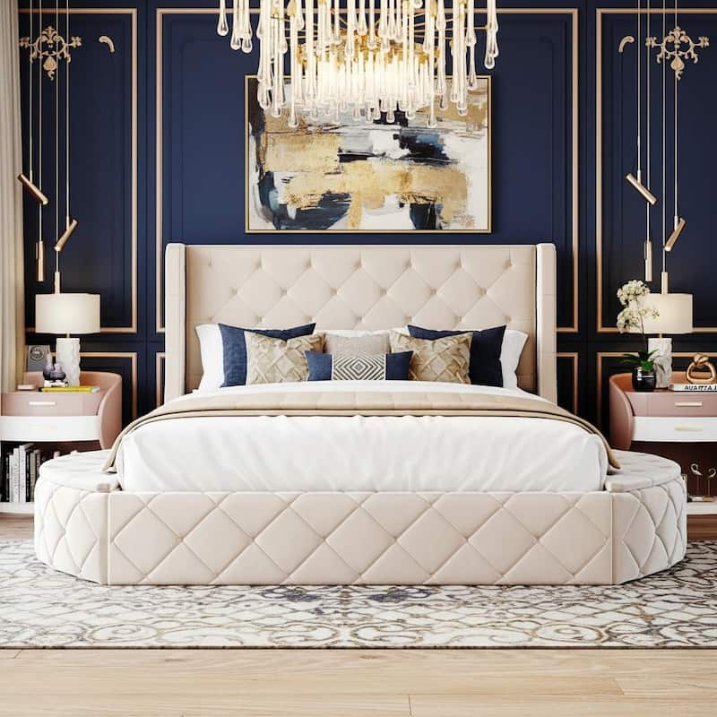 Queen Size Velvet Upholstered Platform Bed with Wingback Headboard, Tufted Design & Hidden Storage Solutions