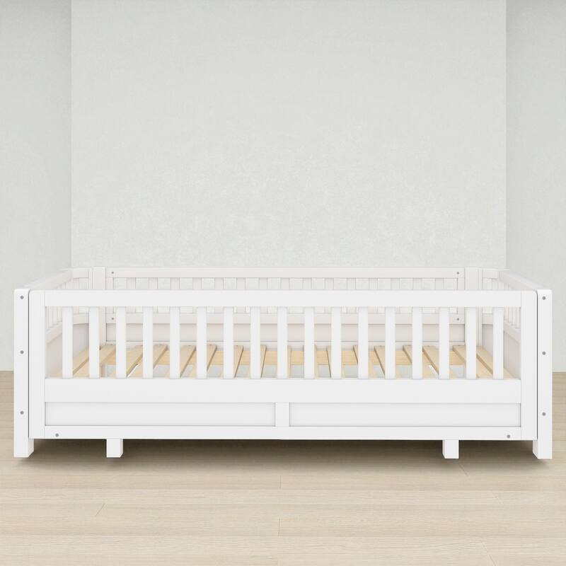 Convertible Twin/Twin XL Solid Wood Platform Bed with Guardrails, Expands to Double Twin or Queen Size, Durable Frame