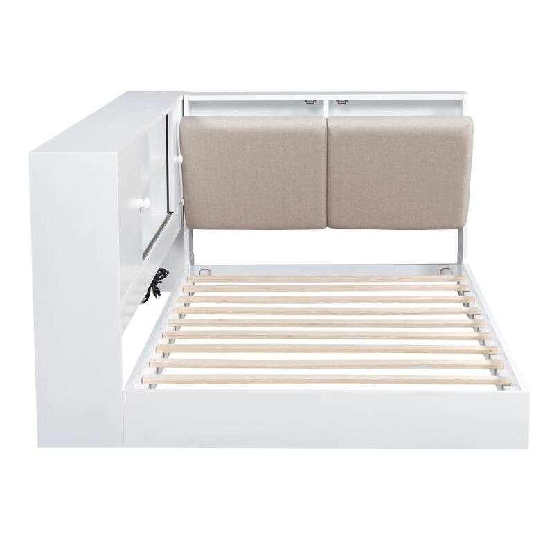 L-shaped Daybed Wooden Corner Sofa Bed Frame with Sliding Doors Bookcase Captains Bed, Upholstered Headboard Built-in Storage