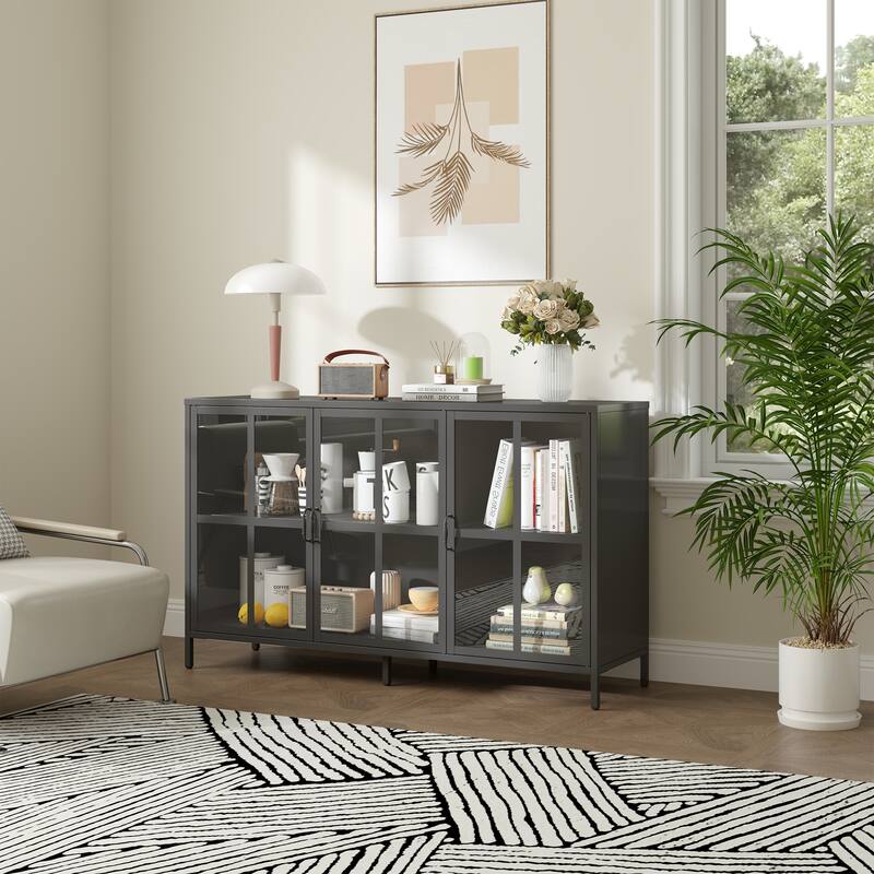 Berlinde 33.52-inch Black Three Door Metal Sideboard with Clear Doors - 55.2