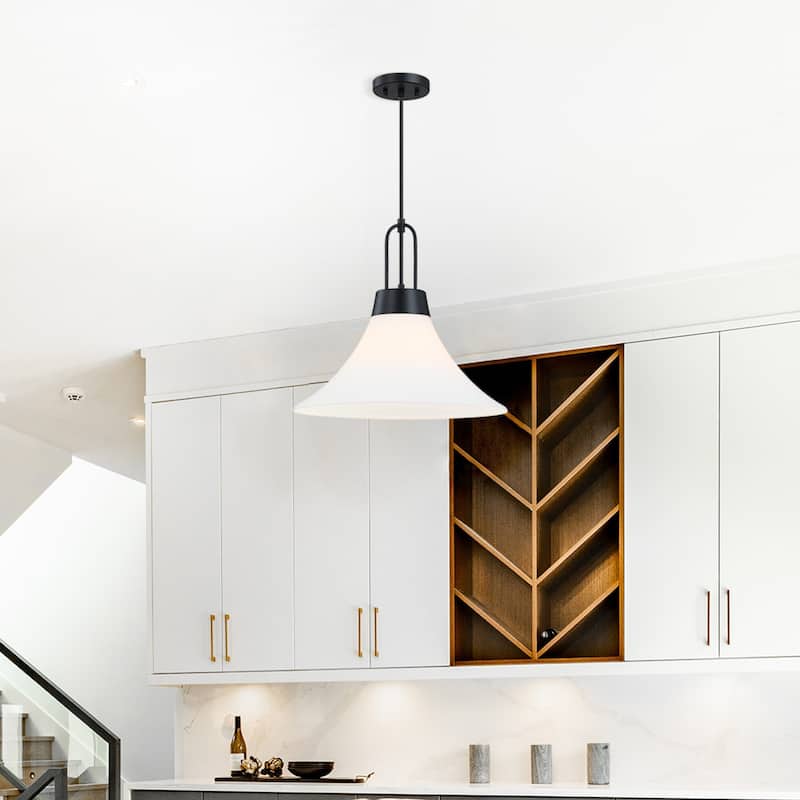 Evergreen Oasis 60 Watt 1-Light Matte Black Down Pendant Light with Etched Opal Glass Shade - 16.5