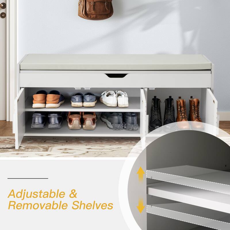 Wooden Entryway Storage Bench with Cushioned Seat - Hidden Compartment Shoe Bench, Multipurpose Hallway & Bedroom Storage