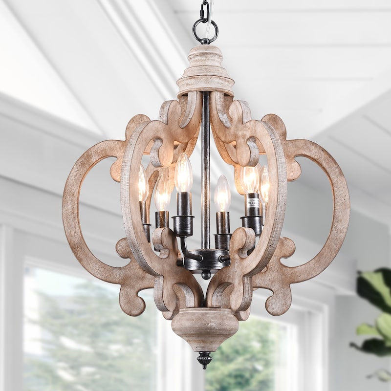 CurveCurio Retro 6-Light Rustic Wood Pendant Light Farmhouse Style Chandelier for Dining Room Living Room and Foyer - Weatheredwood