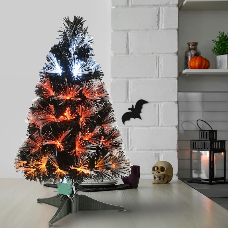 National Tree Company Halloween Pre Lit Artificial Tree Decoration, Black, Fiber Optic, Candy Corn Colored Lights, 3 Feet
