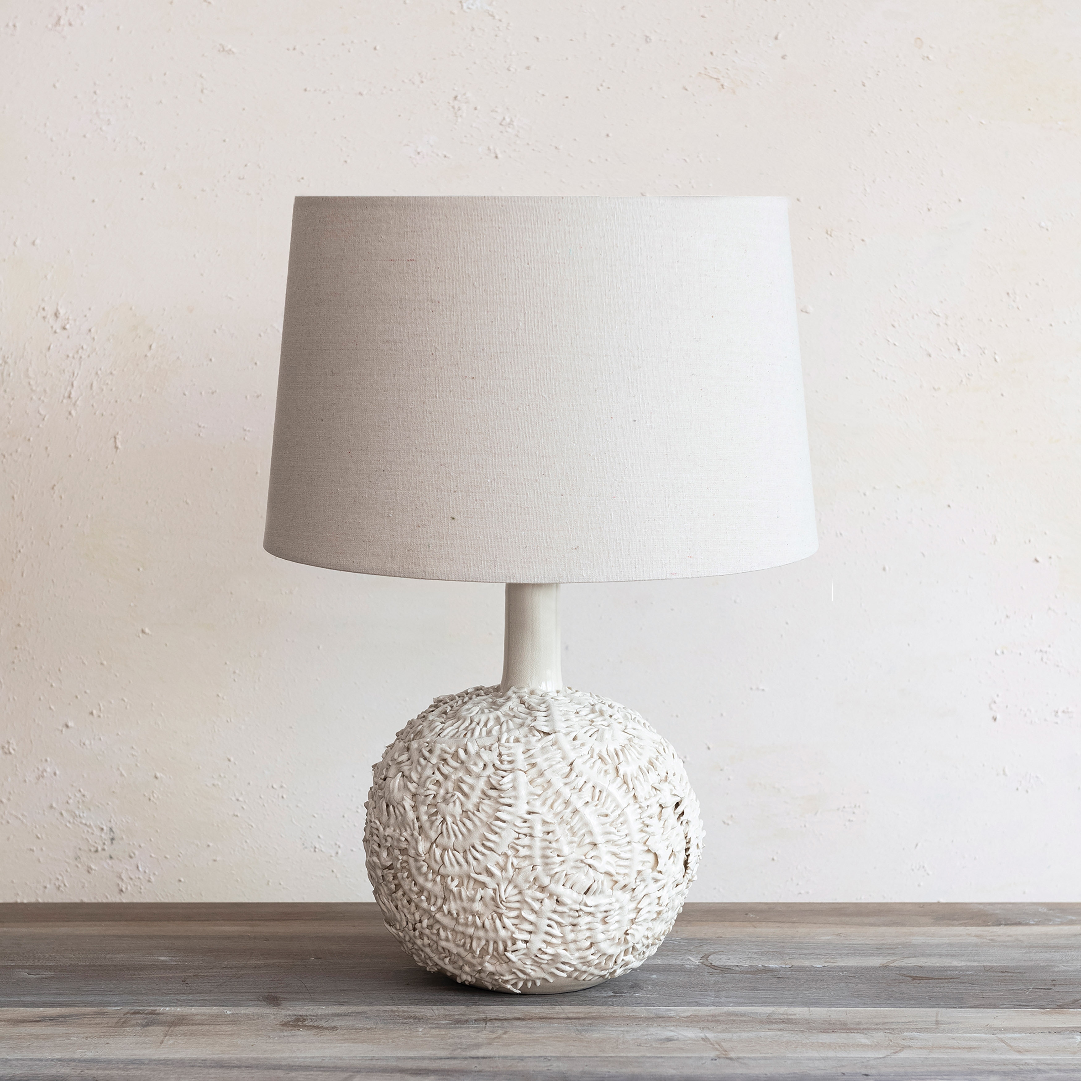 Handmade Textured Stoneware Table Lamp with Fabric Shade - 16.0