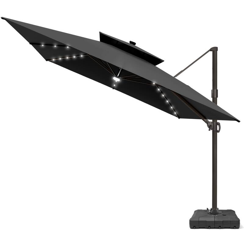 11 FT Square Outdoor Patio Cantilever Umbrella with Solar Lights Wheeled Base Double Canopy 360 Rotation Tilt