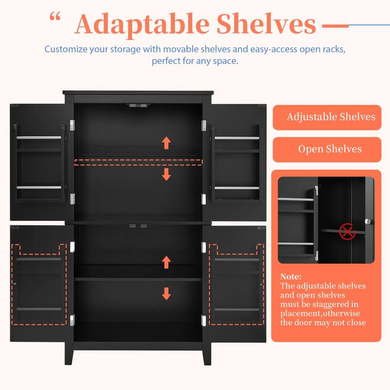 Bathroom Floor Storage Cabinet, Bathroom Storage Unit, with 4 Doors, Adjustable Shelves,Multiple Storage Space