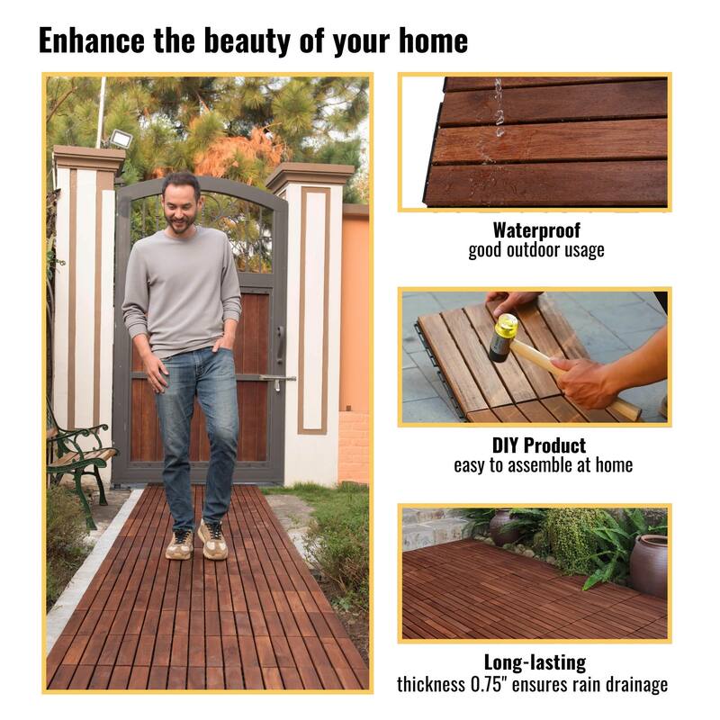 Acacia Wood Interlocking Deck Tiles Checker Pattern, 30 PCS 12" x 12" Square Acacia Hardwood Outdoor Flooring