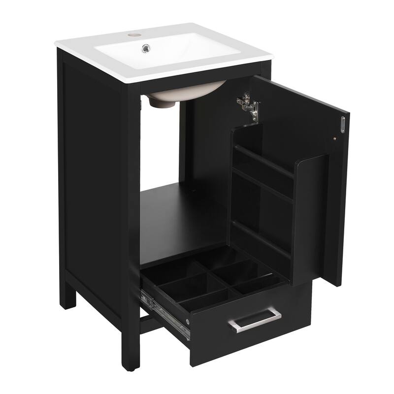 Bathroom Vanity with Ceramic Sink, Freestanding Single Vanity Set, Storage Cabinet with Divider Drawer & Door Shelf