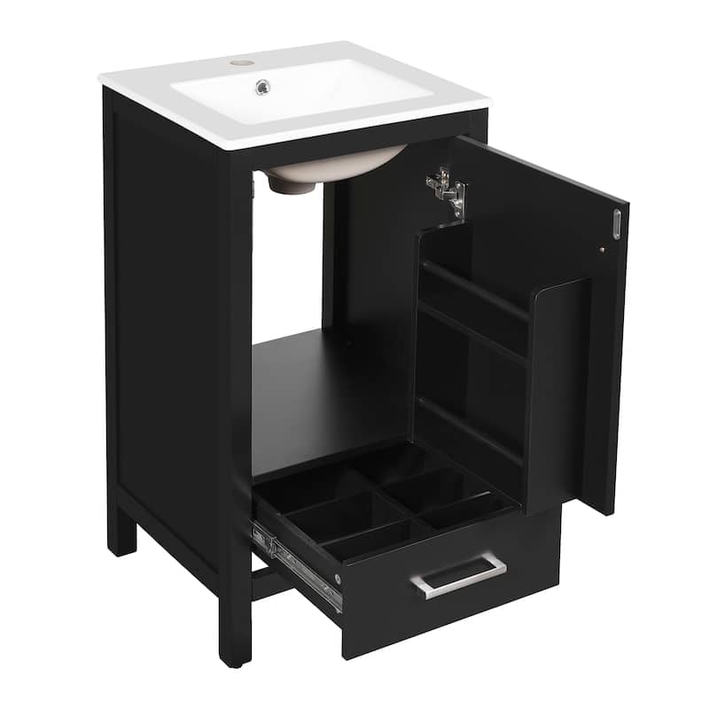Roomfitters 18" Modern Bathroom Vanity with Ceramic Sink, Soft-Close Drawer, Divider Drawer and Door Organizer