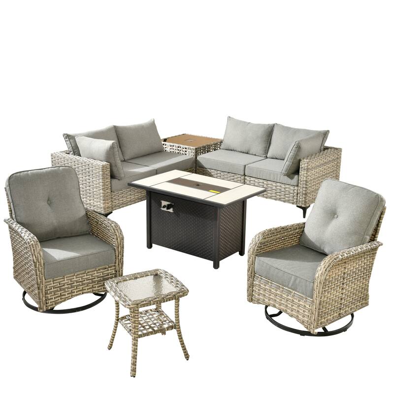 XIZZI 9-piece Patio Furniture Outdoor Wicker Chair Set with Fire Table