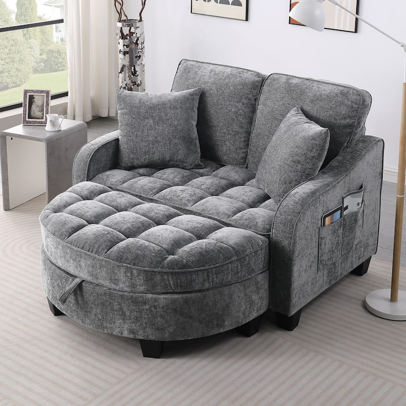 Roomfitters Two-Seater Sofa Chaise with Storage Ottoman, Irregular Armrests and Backrest, Upholstered Sofa with Pillows