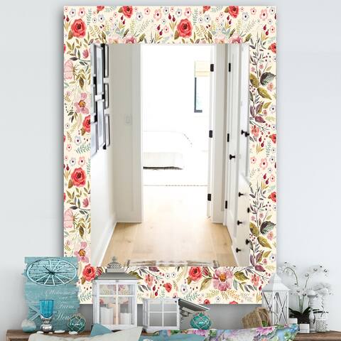 Designart 'Vintage Red Pink Flower and Leaves' Bohemian and Eclectic Mirror - Printed Wall Mirror