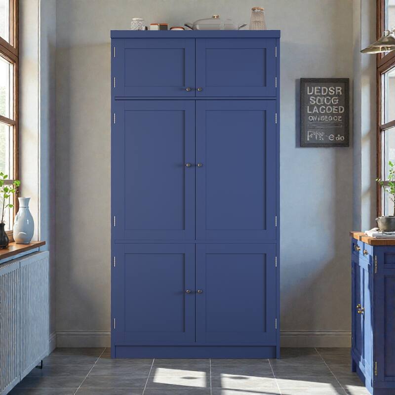 80.1'' Tall Kitchen Pantry Cabinet, Shaker Storage Cupboard w/ Power Outlets, Drawers, Wine Rack, Adjustable Shelves - Blue