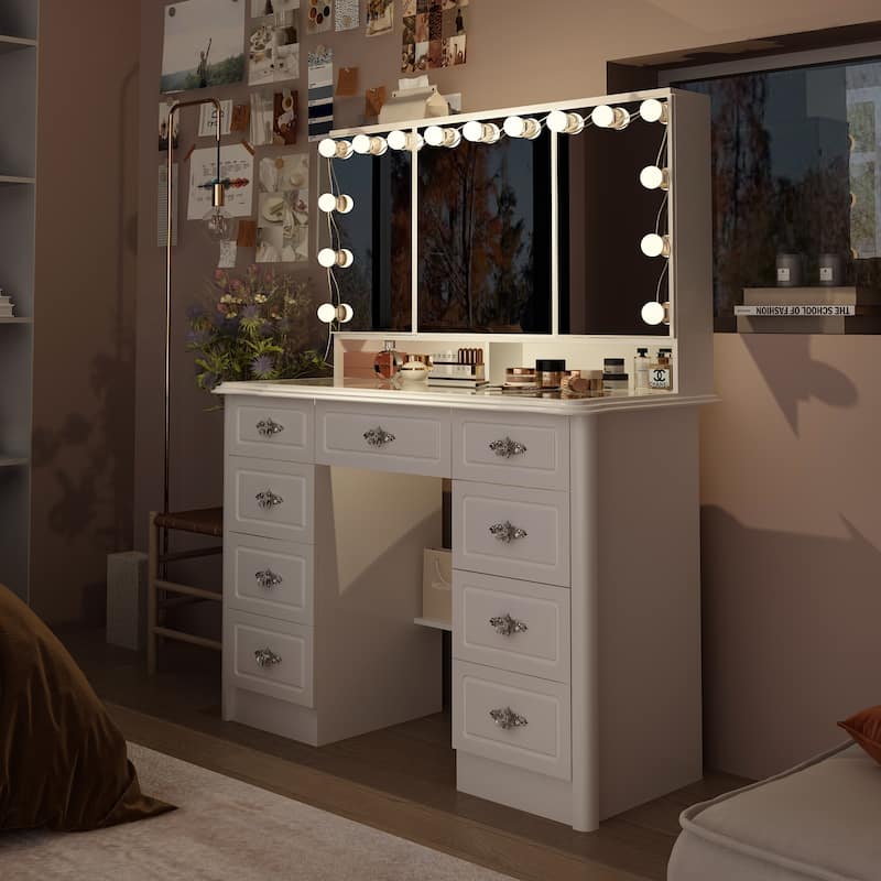 Contemporary Beauty Station - White Vanity Desk Makeup Vanity Dressing - 40.2"Wx54.1"H