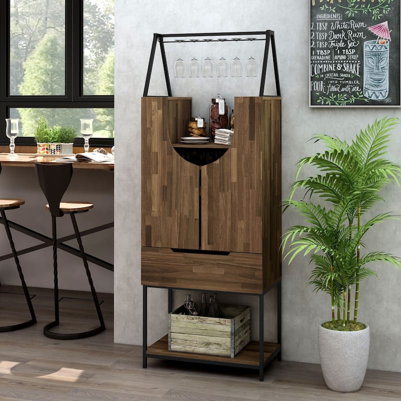 Marcus Contemporary Metal Multi-storage Wine Cabinet by Furniture of America - Light Hickory