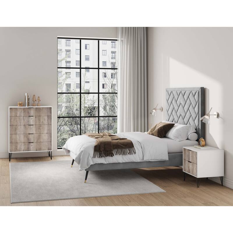 Manhattan Comfort 2-Piece Dumbo Modern 5-Drawer Tall Dresser Nightstand Set - White and Grey
