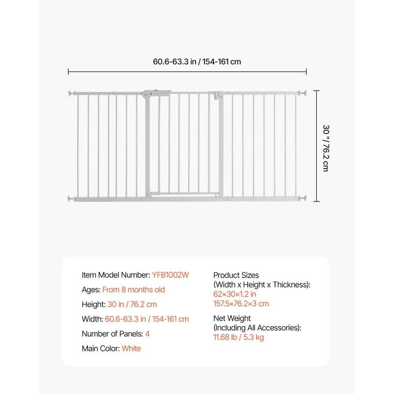 White Adjustable Kid's Gate 60-63in with Auto-Close and One-Hand Lock - 60.6-63.3 L x 30 W in.