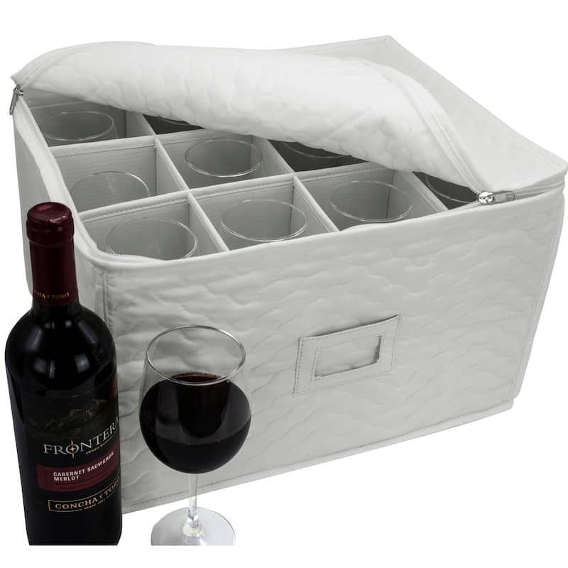 Stemware Wine Glass Storage Chest - Deluxe Quilted Microfiber Holds 12 Glasses (Beige / Gray) - White