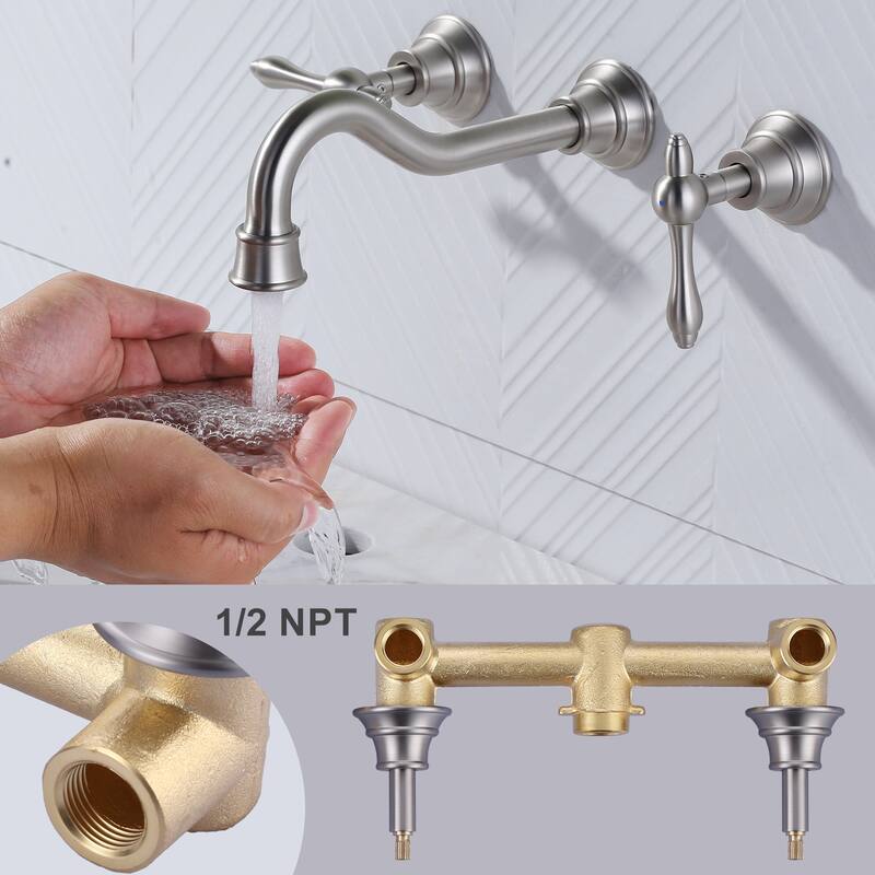 WOWOW 2 Handle Wall Mounted Antique Bathroom Sink Faucet