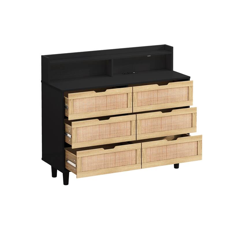 6-Drawers Rattan Storage Cabinet with LED Lights and Power Outlet