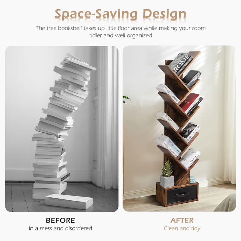 59" Tall Tree Design Bookshelf with 10 Open Shelves and Fabric Drawer for Small Spaces - 15'' x 8.5'' x 59'' (L x W x H)