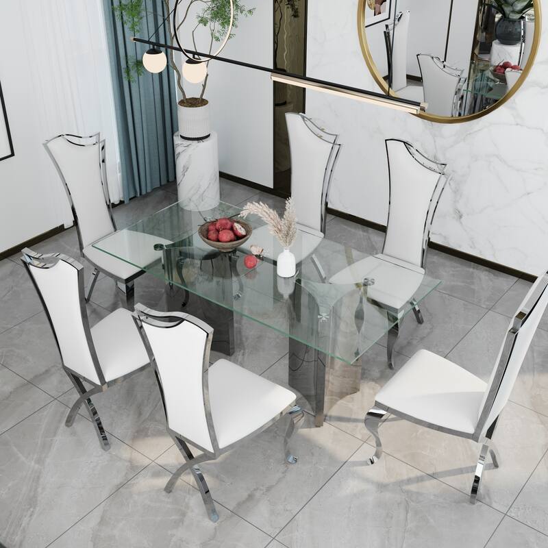 70 inch Clear Tempered Glass Dining Table Set with Leather Dining Chairs - Polished Silver - Table with 6 Chairs