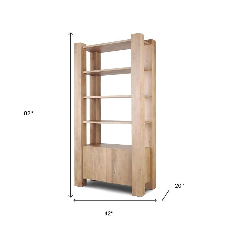 HomeRoots 42" Natural Solid Wood Four Tier Bookcase with Two Doors