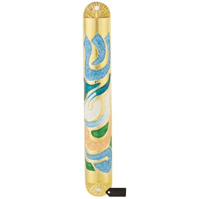 Matashi Gold Hand Painted Enamel 6'' Mezuzah Embellished w/ Hebrew Shin Home Door Wall Decor Present Gift for Holiday Festival