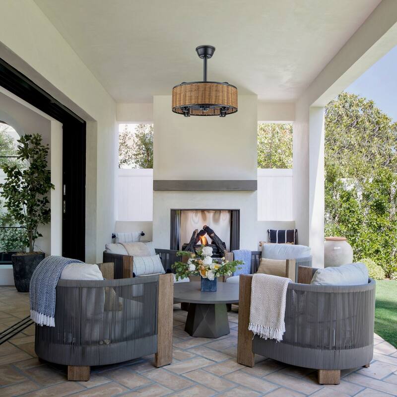 18.5 in. Farmhouse Rattan Ceiling Fan Chandelier with Remote - Black - Black