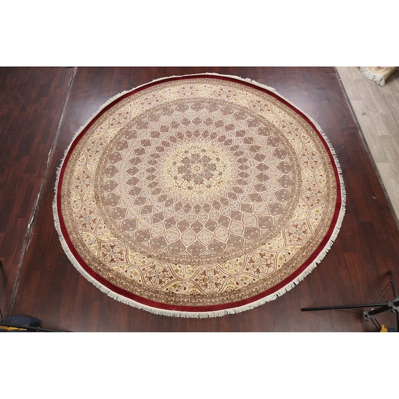 Wool/ Silk Vegetable Dye Floral Qum Oriental Area Rug Handmade Carpet - 10'1" x 10'2" Round