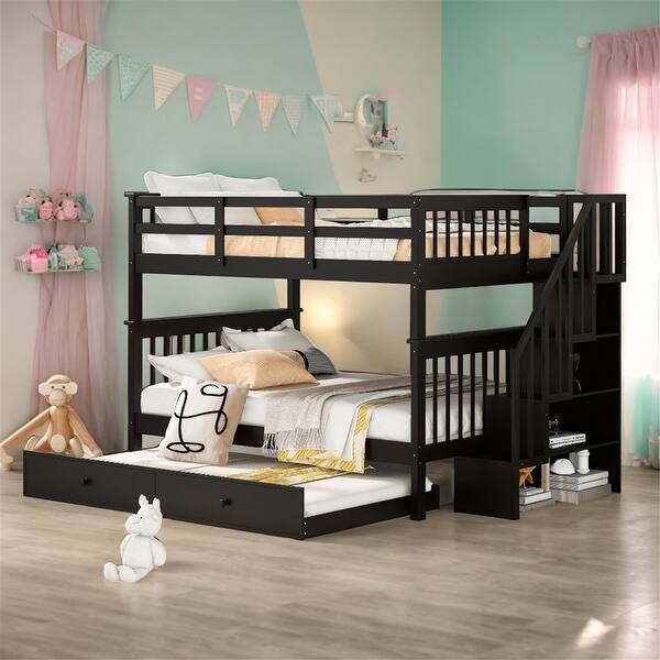 slide 2 of 15, Stairway Full-over-Full Bunk Bed with Twin size Trundle and Guard Rail, Espresso Espresso - Full