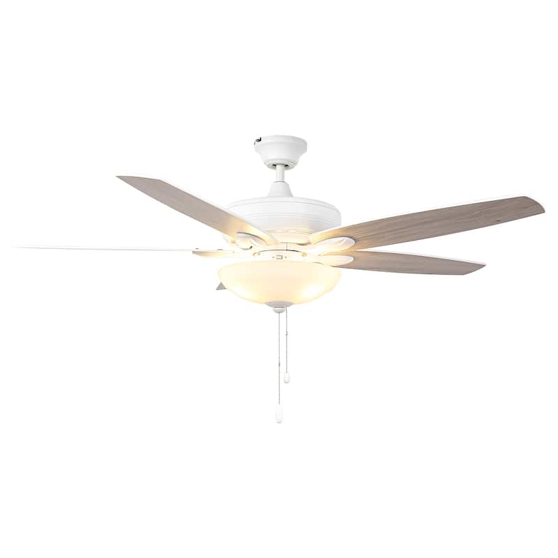 52" Coastal White Frosted Glass Ceiling Fan with Light and Pull Chain - Satin white