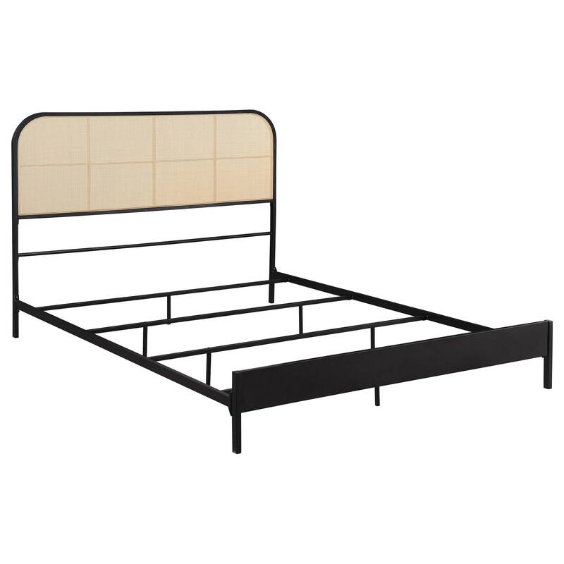 Ammy Queen Bed, Radio Weave Headboard, Brown Faux Rattan, Black Metal