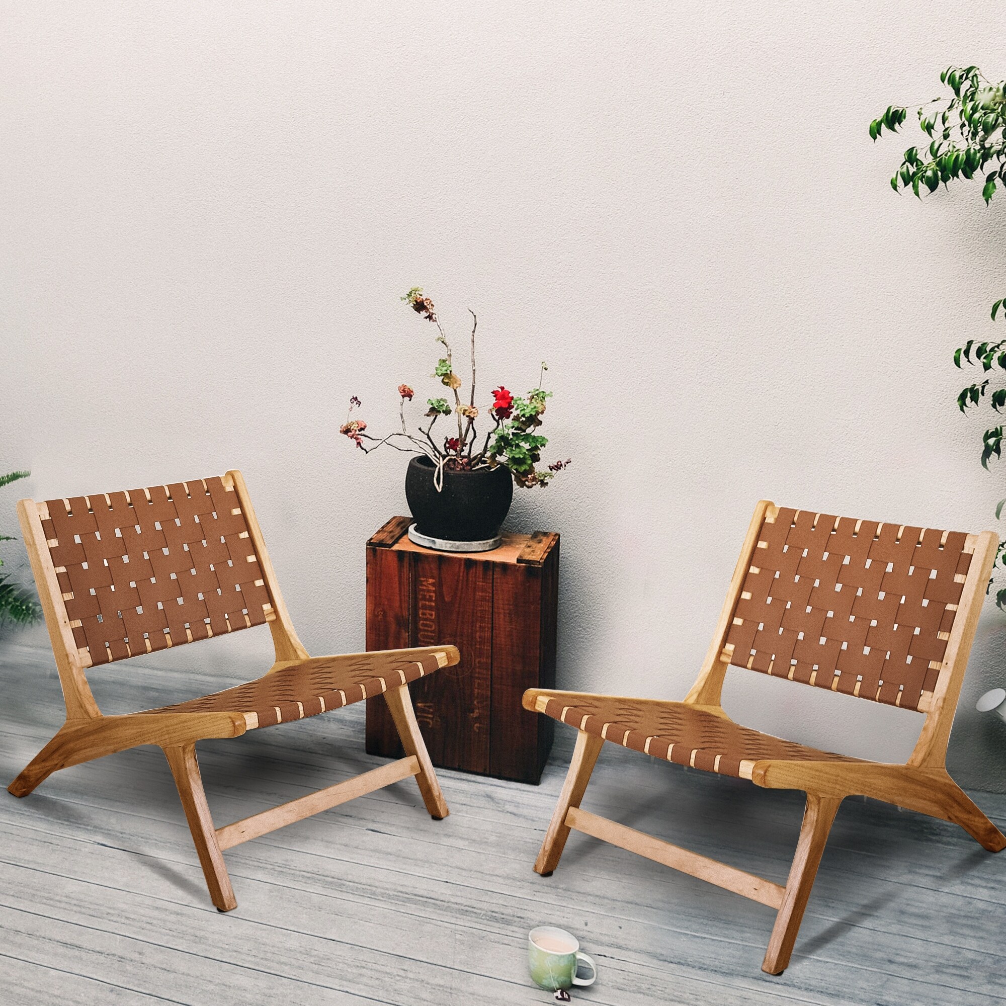 Set of 2 Mid Century Modern Leather Woven Accent Chairs Bed Bath